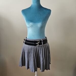 Gray Pleated Skirt with Black Belt